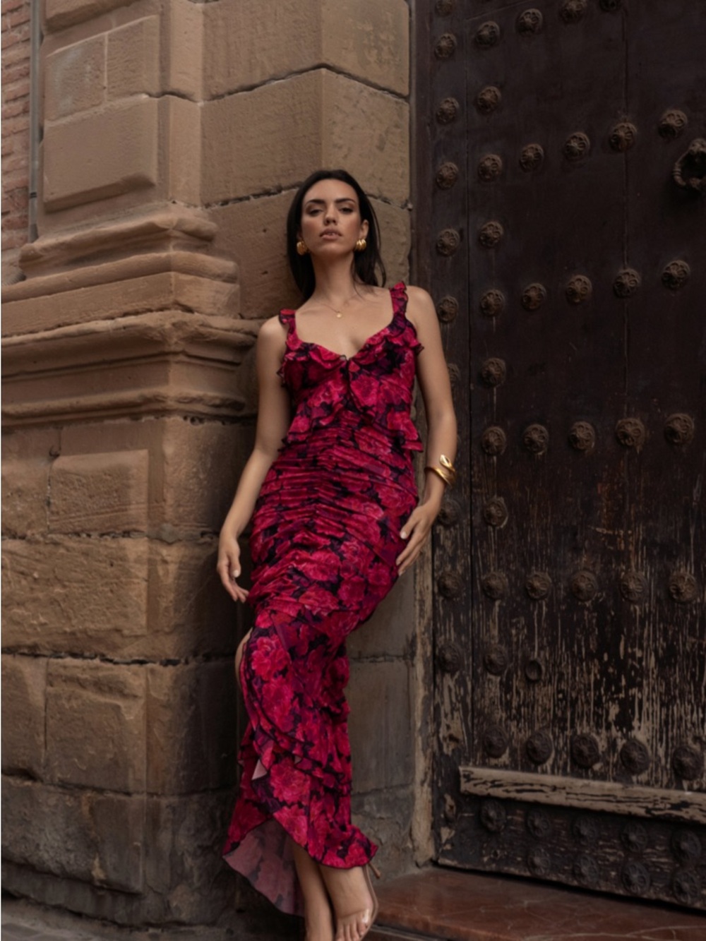 JLUXLABEL Fuchsia Pink Floral Ruffle Maxi Dress
